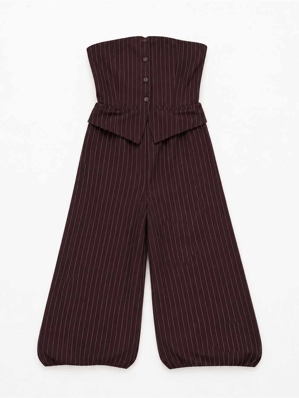 Madden Girl Brown Pinstripe Strapless Wide Leg Jumpsuit